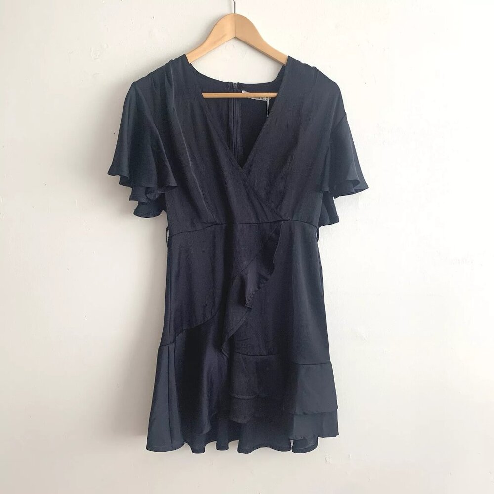 Saints And Secrets Satin Midnight Navy Faux Wrap Ruffle Mini Dress